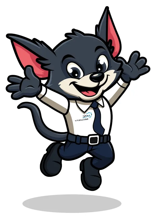 Cartoon dog character in a security uniform jumping